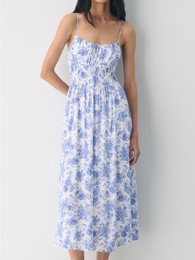 Blue Floral Smocked Midi Dress - Women